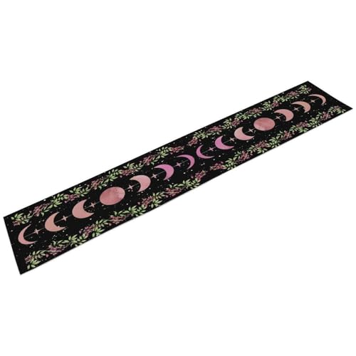 Moon Phase Wisteria Table Runner,Pink Stars Boho Floral Wildflower Moonlit Gothic Kitchen Table Decoration for Holiday Party Study Living Bedroom Dresser Cabin Cafe Wedding Decor 13×60in
