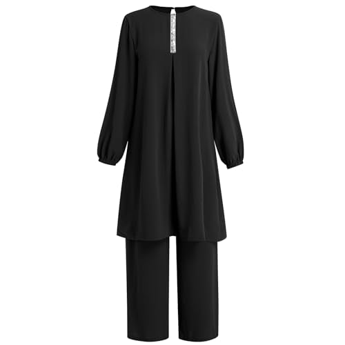 Abayas Dress For Women Muslim Long Sleeve Loose Top Pants 2 Pcs Dubai Islamic Muslim Women Matching Sets - color: Black B, size: 3X-Large