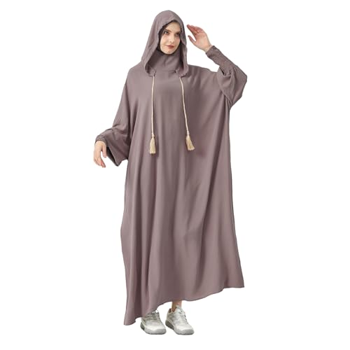 Abaya Muslim Dress Women Prayer Dress Long Sleeve Hooded Loose Maxi Dress Arabian Dubai Islamic Clothes - color: Gray Lilac