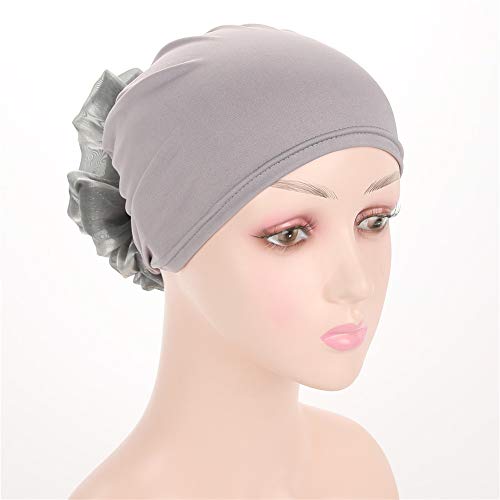 Women Flower Elastic Turban Beanie Head Scarf wrap Chemo Cap hat for Cancer Patient - color: Grey 1