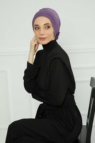 Aisha's Design Instant Turban Head Wraps for Women, Combed Cotton Scarf Lightweight Pre tied Hijab with Back Rose Detail - color: Purple