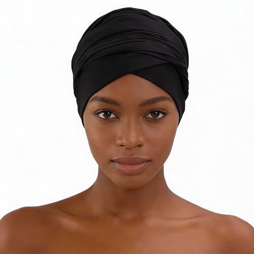 Turban Head Wrap Scarf,African Women' Soft Long Scarf Shawl Hair Bohemian Headwrap Stretch Headband Tie - color: Black