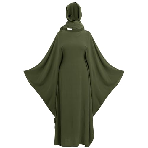 ODIZLI Abayas For Women Muslim Dubai Full Cover Kaftan Shirt Dress Batwing Sleeve Prayer Dress With Hijab - color: Army Green + Hijab, size: Two