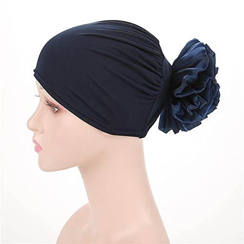 Women Flower Elastic Turban Beanie Head Scarf wrap Chemo Cap hat for Cancer Patient - color: Navy