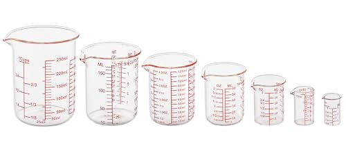 Ackers 7-Piece Glass Measuring Cup Set, Borosilicate Beaker Style Nesting Liquid Measuring Cups - size: 5ml/15ml/30ml/60ml/120ml/150ml/250ml