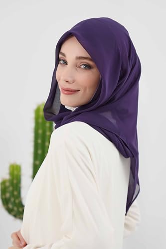 Aisha's Design Pre-tied Cotton-Chiffon Scarf for Women Practical Veil Instant Scarf Hijab Stylish Design - color: Purple