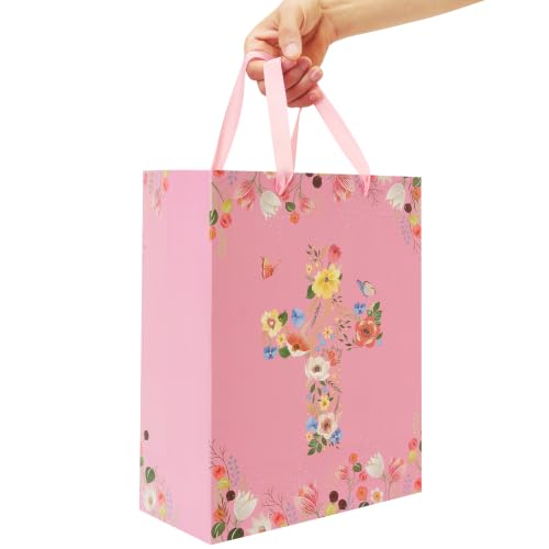 13" Large Floral Religious Gift Bag Set with Handles, Greeting Card, Tissue Papers and Stickers for Women Girls, for First Communions, Baby Girl Baptisms, Christenings, Religious Occasion, Clergy Day, Cross Design, 1 Pcs - color: (13'' Large)Pink