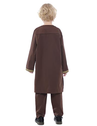 Boy's Muslim Clothing Kaftan Set - Middle East Youth Embroidered Robe Suit Round Neck Islamic Dress Arabic Wear - color: Brown, size: 23
