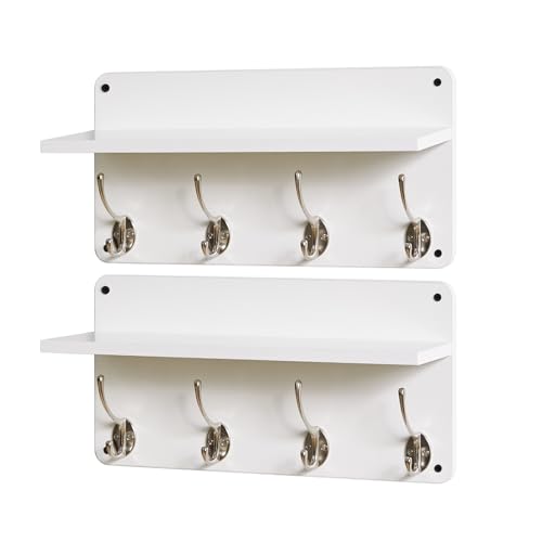 YMYNY 31.5" Coat Rack Wall Mount with Shelf and 8 Hooks, White, HWS006W-2 | 2 Pack Coat Hooks Key Holder Wall Mount, Wood Wall Mounted Coat Rack with Wall Hooks for Hanging, Towel Hooks for Bathroom - color: White