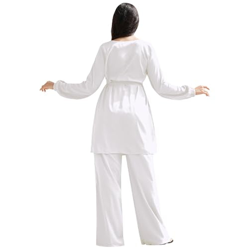 IWEMEK Abayas for Women Muslim Long Sleeve Loose Top Pants 2 Pcs Eid Ramadan Outfits Casual Islamic Muslim Clothes with Belt - color: White, size: Small