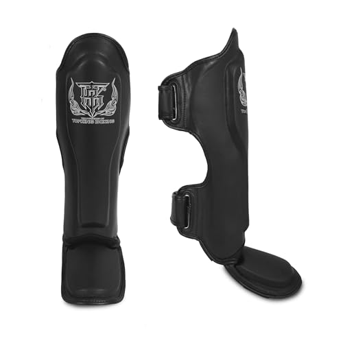 Top King New Pro Leather Shin Guards for Muay Thai - color: Black, size: Small