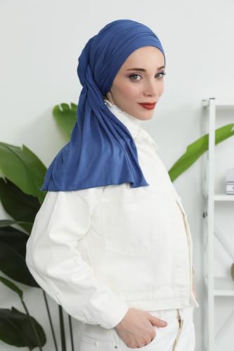 Aisha's Design Instant Hijab Scarves for Women, 95% Cotton Pretied Bonnet Turban Easy to Wear Cotton Headscarf - color: Indigo
