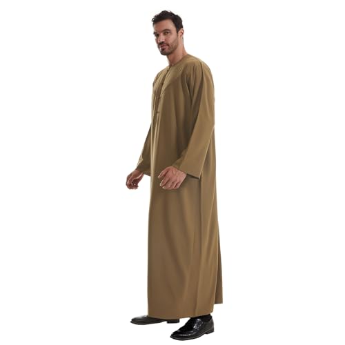 IWEMEK Men Muslim Thobe Long Sleeve Kaftan Robe with Pockets Saudi Arabic Thobe Ramadan Middle East Dubai Islamic Abaya Dress - color: Brown, size: X-Large