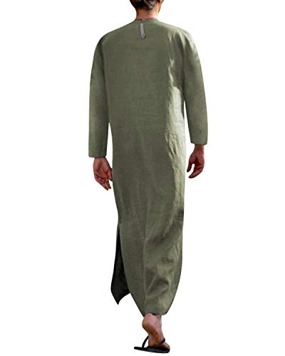 Jacansi Men's 65% Cotton 35% Linen Kaftan Thobe, Long Sleeve Casual Arabic Robe, Loose Long Gown with Pockets - color: Army Green #1, size: Large