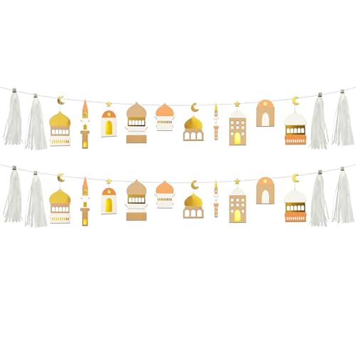Cheerland Ramadan Banner Eid Mubarak Banner Ramadan Decorations Garland Gold White Party Decorations Islamic Mosque Garlands Islam Party Hanging Decor Gold Star Moon Crescent Muslim Party Supplies