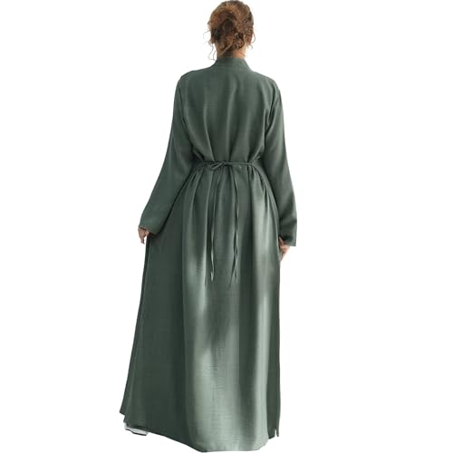 Lenmipot Elegant Middle Eastern Abaya 2pcs Stand Collar Maxi Dress for Women Muslim Jilbab Kaftan Eid Dubai Abaya Outfits - color: Grayish Greena, size: X-Large