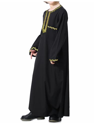 WSPLYSPJY Embroidered Muslim Thobe for Boys Solid Color Islamic Kaftans Button Down Gown with Pocket - size: 13-14 Years