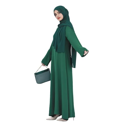 Women Abaya Muslim Dress Long Sleeve Modest Prayer Maxi Kaftan Islamic Clothes with Pockets - color: Dark Green, size: Small