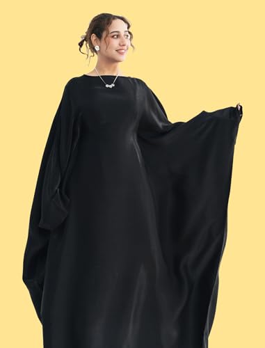 Dubai Bat Sleeve Dress Shiny Robe for Women Muslim 1pc Abaya Eid Prayer Clothes Soft Dubai Travel Party Dress Maxi Abaya - color: Blacka, size: Large