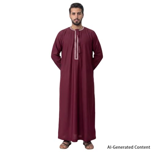 Kaftan for Men Muslim Gown Islamic Thobe Shirts Ramadan Abaya Dubai Arab Robe Long Sleeve Middle Eastern Kaftan - color: Wine Red, size: Large