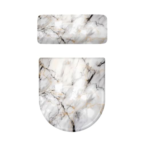 White Marble Print Toilet Lid Cover & Toilet Tank Lid Pads Bathroom Stretch Washable Toilet Lid Seat Protector Cover with Elastic Bottom - color: White Marble