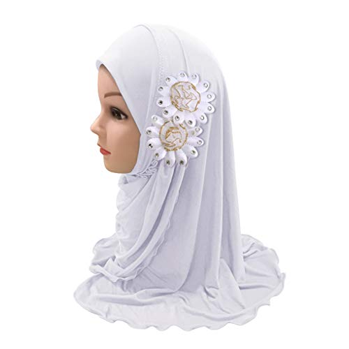 Girls Ice Silk Muslim Khimar Hijab Headscarf Flower Arab Scarf Shawls Neck Wrap Islamic Head Wrap for Age 2-7 Years - color: Style 1-white