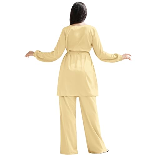 IWEMEK Abayas for Women Muslim Long Sleeve Loose Top Pants 2 Pcs Eid Ramadan Outfits Casual Islamic Muslim Clothes with Belt - color: Yellow, size: Small