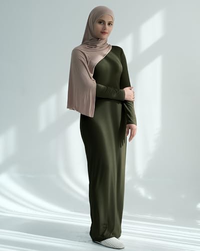 Modal Cotton Abaya Women Long Sleeve Prayer Dress Soft Stretch Islamic Clothes Elegant Robe For Eid, Ramadan, Umrah, Hajj - color: Army Green, size: Medium-Large