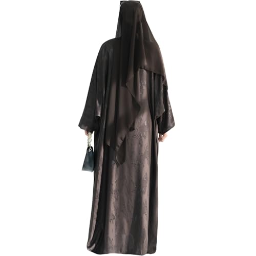 khalat Abaya Muslim Dress Women Satin Jacquard Prayer Dress Batwing Long Sleeve Islamic Dubai Robe with Chiffon Hijab - color: Coffee