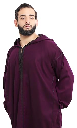 Moroccan Men Djellaba with Hood – Handmade Winter Jellaba Cotton Kaftan with Delicate Embroidery, Caftan Fits L–XL - color: Burgundy