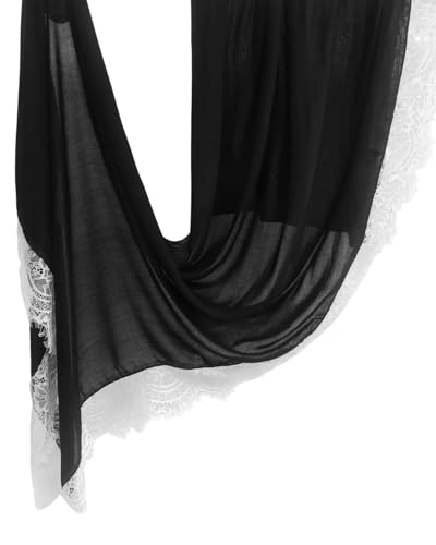 JUMISEE Elegant Floral Lace Hijab Scarf for Women Soft Cotton Head Wrap Instant Hijab Long Scarves Evening Dress Shawl - color: Black With White Lace Trim