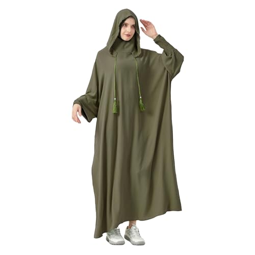 Abaya Muslim Dress Women Prayer Dress Long Sleeve Hooded Loose Maxi Dress Arabian Dubai Islamic Clothes - color: Army Green