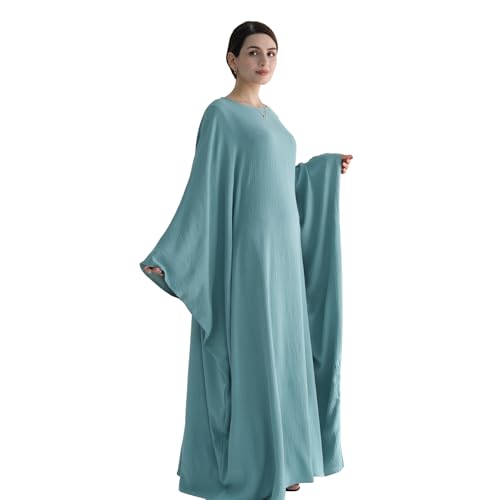 Abaya 무슬림 여성용 드레스 배트윙 슬리브 루즈핏 맥시 겸손한 이슬람 의류 히잡 스카프 포함 기도 드레스 - color: 연한 녹색.