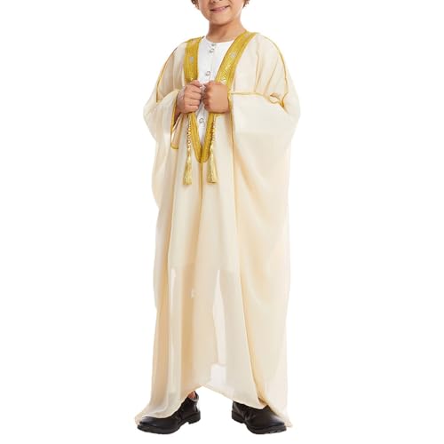 Toddler Boys Muslim Arabic Thobe Long Sleeve Embroidered Islamic Kaftan Teens Middle East Prayer Dress Ramadan Eid Clothes - color: Beige, size: 1-2T