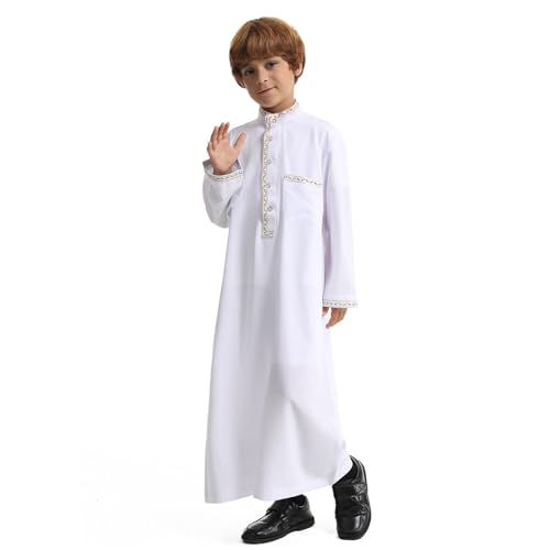 Arabic Thobe Muslim Thobe Long Sleeve Kaftan Crew Robe National Costume Teenage Boys Long Sleeve Embroidered Robe - color: White, size: 9-10 Years
