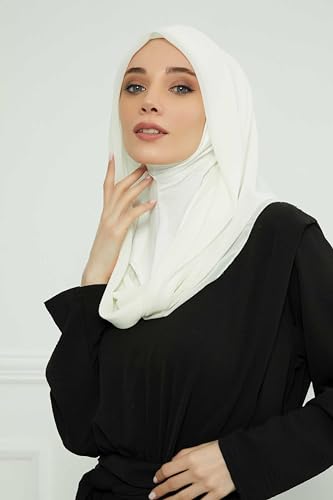 Aisha's Design Pre-tied Cotton-Chiffon Scarf for Women Practical Veil Instant Scarf Hijab Stylish Design - color: Ivory