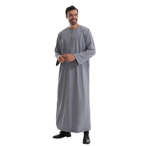 IWEMEK Men Muslim Thobe Long Sleeve Kaftan Robe with Pockets Saudi Arabic Thobe Ramadan Middle East Dubai Islamic Abaya Dress - color: Grey, size: Small