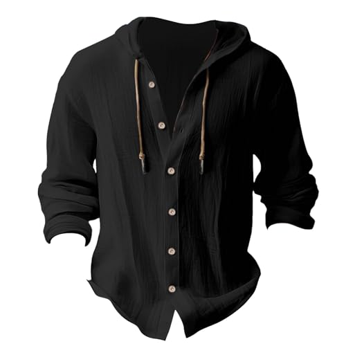 Linen Shirts for Men Casual Button Shirt Summer Cotton Linen Hoodie Beach Long Sleeve Shirts Top with Hood - color: A1-black, size: Medium