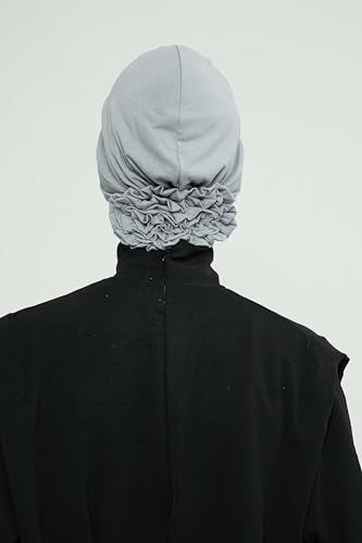 Aisha's Design Instant Turban Head Wraps for Women, Combed Cotton Scarf Lightweight Pre tied Hijab with Back Rose Detail - color: Grey