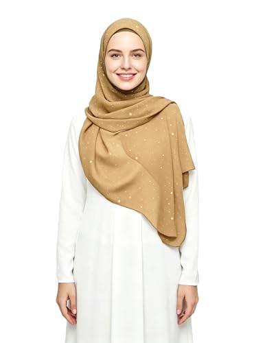 Lina & Lily Sparkle Shimmer Gold Glitter Women's Chiffon Hijab Head Scarf Shawl Wrap Lightweight - color: Camel