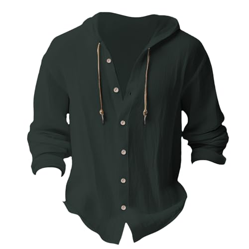 Linen Shirts for Men Casual Button Shirt Summer Cotton Linen Hoodie Beach Long Sleeve Shirts Top with Hood - color: A1-army Green, size: XX-Large