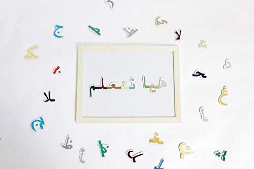 ILM Toolbox Build-A-Word Magnetic Arabic Letter Alphabet Set for Kids, 143 Wooden Arabic Letters in a Wooden Storage Box with Dry Erase Board