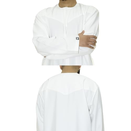 Emirati Thobes Collection Men Dress Caftan Handmade with Embroidery Tread Long Sleeve with Two Pockets - color: White, size: X-Large