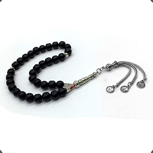 Shiny Black Glass Prayer Beads, Worry Beads, Tesbih, Tasbih, Tasbeeh, Misbaha, Masbaha, Subha, Sebha, Rosary (8 mm 33 Beads) - color: Shiny Black Glass Beads -8 mm 33 Beads-