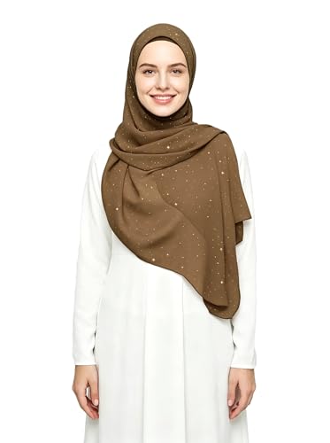Lina & Lily Sparkle Shimmer Gold Glitter Women's Chiffon Hijab Head Scarf Shawl Wrap Lightweight - color: Mocha Brown