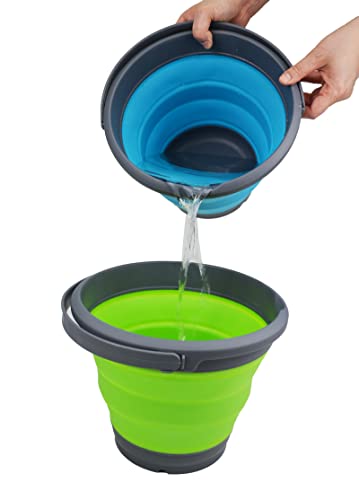 SAMMART 5.5L (1.4 Gallon) Collapsible Plastic Bucket - Foldable Round Tub - Portable Fishing Water Pail - Space Saving Outdoor Waterpot (Grey/Green (Set of 2)) - color: Grey/Green (Set of 2)