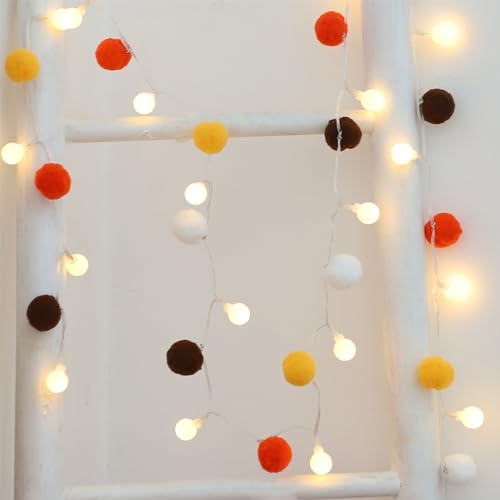 ChiRee Pom Poms 요정 조명 실내 스트링 조명 1.9m(6.56피트) 20 LED 배터리 작동 스트링 볼 조명 따뜻한 화이트 글로브 조명 다채로운 장식 조명 가정 침실 어린이 놀이집 휴일 크리스마스 - color: 주황색.