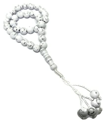Muslim Bead Tasbih 33 Rosary AMN-277 Islam Prayer dhikr Misbaha with Moon Star Engraved on Islamic Religion Eid Ramadan Gift (White) - color: White