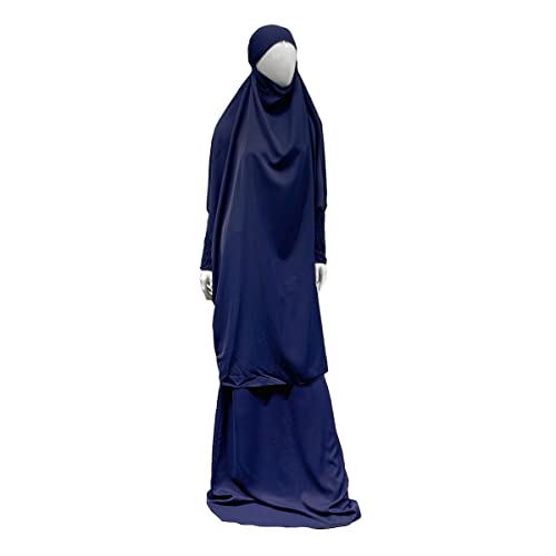 Women Muslim 2 Set Solid Color Plus Long Sleeve Thobe One-size Longuette Overall Abaya Thobe with Hoodied Hijab - color: Navy Blue
