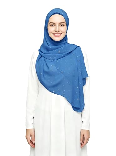 Lina & Lily Sparkle Shimmer Gold Glitter Women's Chiffon Hijab Head Scarf Shawl Wrap Lightweight - color: Indigo Blue
